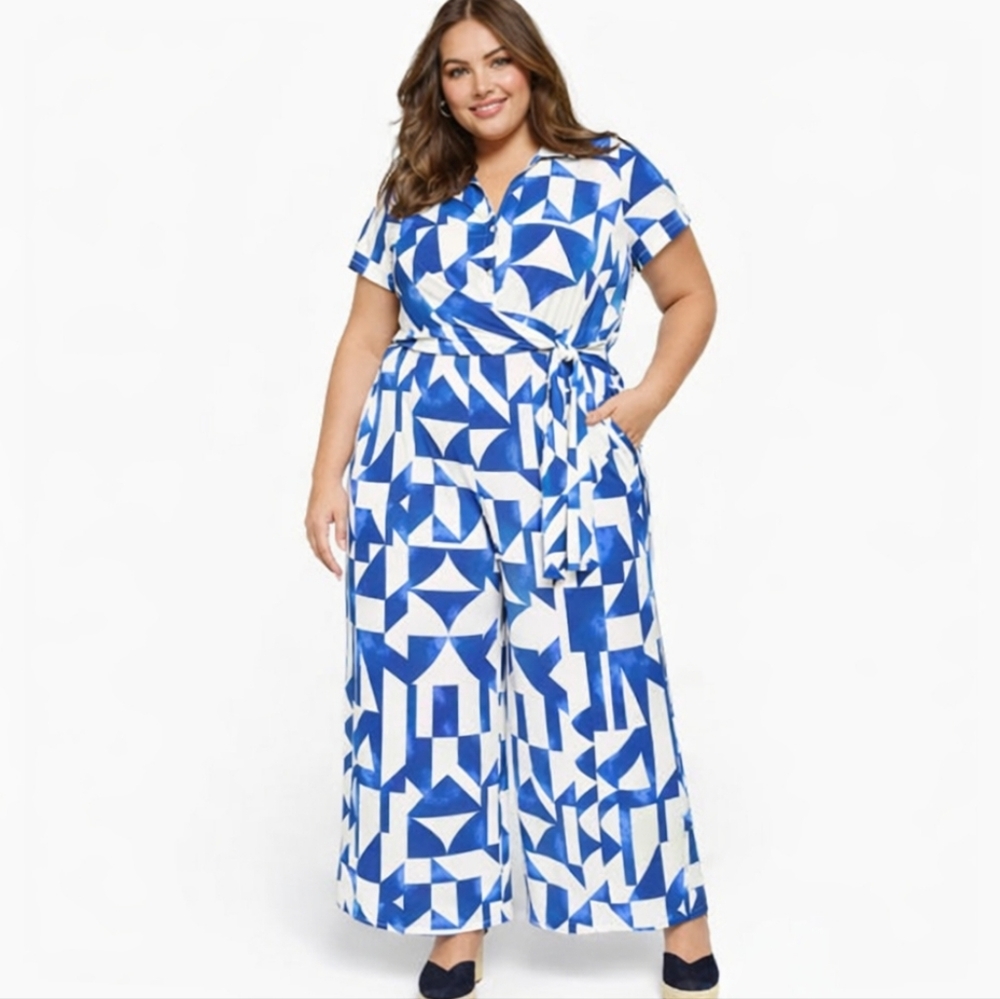 Lane Bryant Collared Twist-Waist Jersey Jumpsuit nwot 18 20 blue white geometric